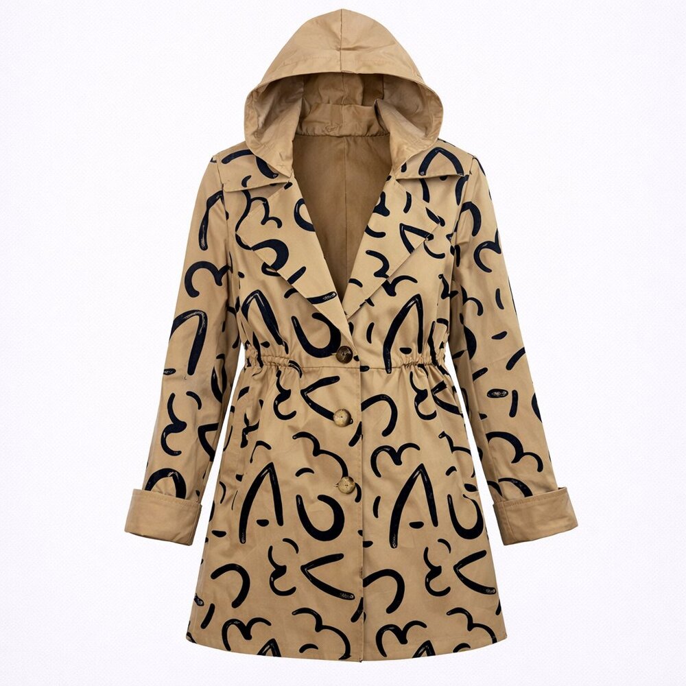 Luii Tan Khaki Abstract Graphic Print Hooded Trench Coat Jacket Women Small